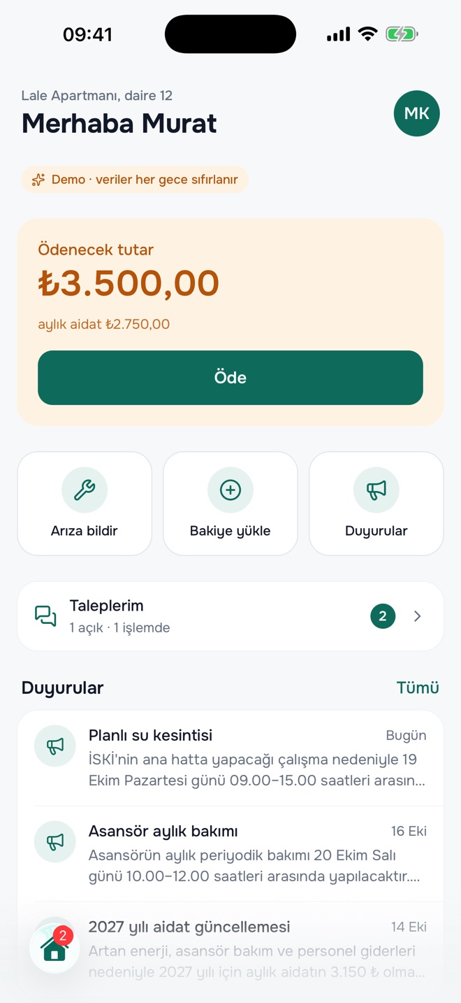 Binago mobile app: resident home with dues and quick actions